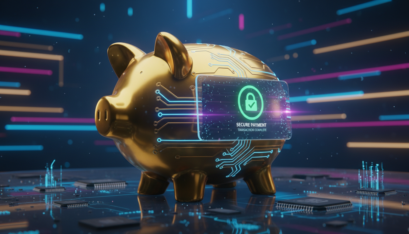 A detailed conceptual 3D render of a golden piggy bank integrated with digital circuit lines and a smartphone screen showing a successful transaction checkmark, symbolizing secure payments in online casinos, vibrant colors, studio lighting.