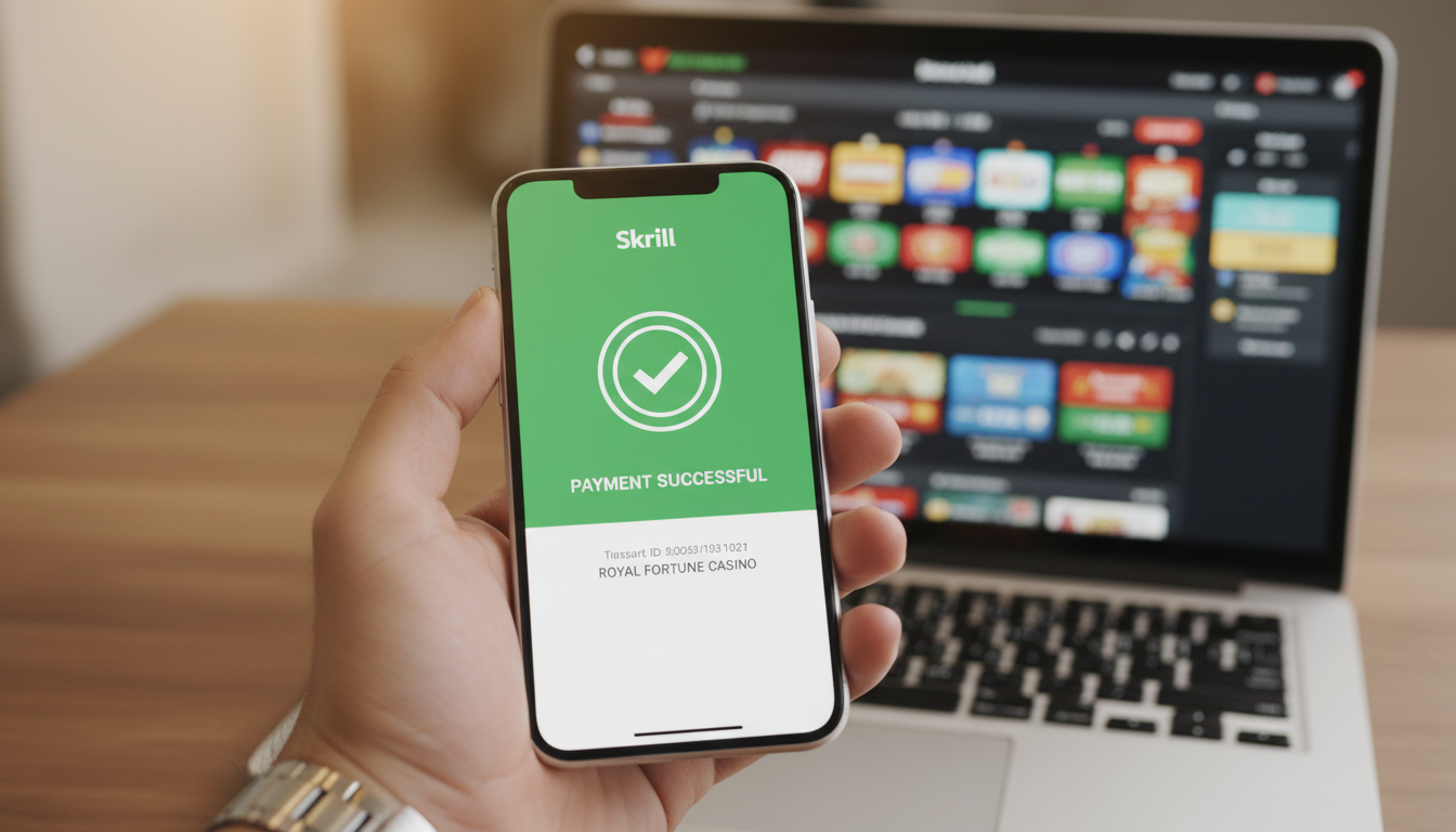 Smartfon wyświetlający potwierdzenie transakcji w aplikacji Skrill