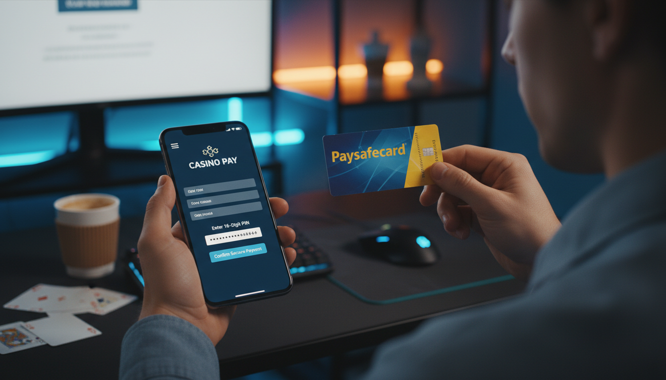 Gracz wpisujący kod PIN z kuponu Paysafecard do interfejsu płatności kasyna online na smartfonie